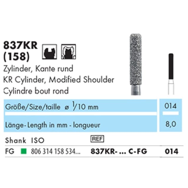 NTI Diamond Bur FG KR Cylinder 837KR - Pack 5