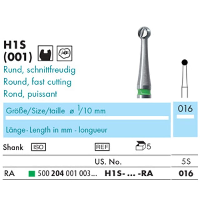NTI Carbide Bur RA Round Fig H1S Fast Cutting, 001 - Pack 5
