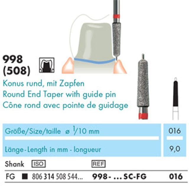 NTI Diamond Bur FG Round End Taper with Guide Pin 998 - Pack 5