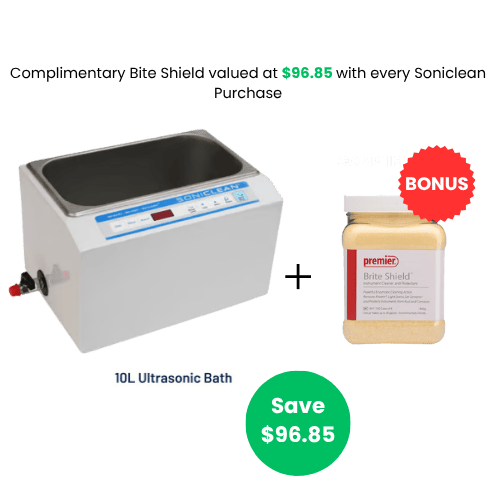 Soniclean 500TD Ultrasonic Cleaner 10L + PRE11100 Brite Shield Inst Cleaner 800g Promo  Bundle