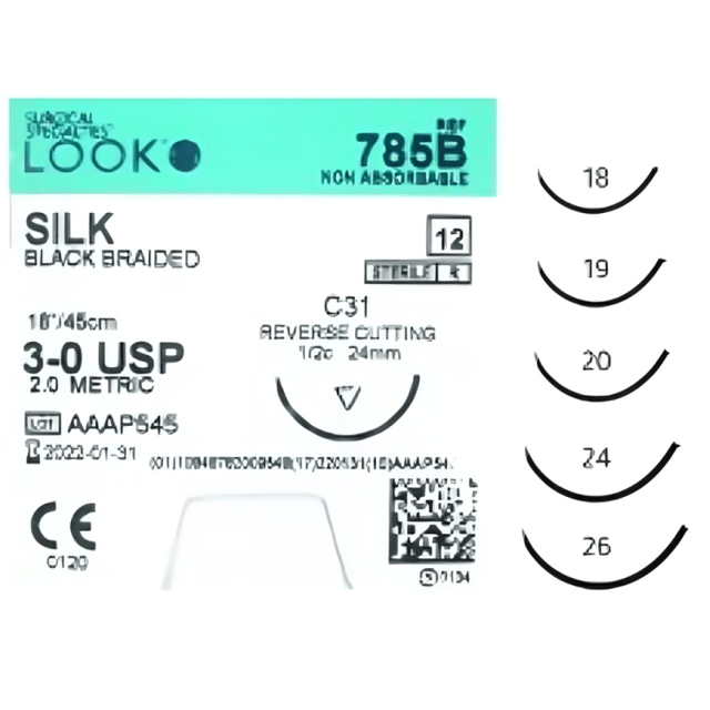 Suture Silk Look 3/0 26mm 1/2 Circ R/Cut Needle-Box 12